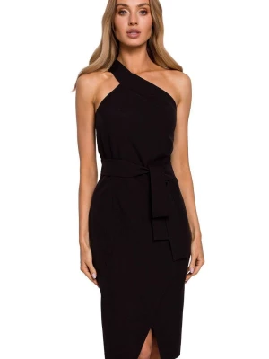 Sukienka elegancka ołówkowa na jedno ramię z rozcięciem czarna Sukienki.shop
