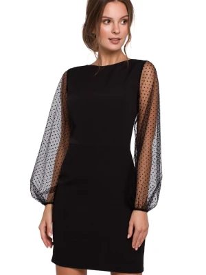 Sukienka na wesele wieczorowa z bufiastymi rękawami z siateczki różowa Sukienki.shop