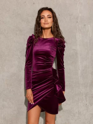 Sukienka Feel purpura dopasowana welurowa z falbaną biskupi PERFE
