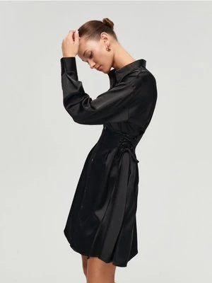 Sukienka gorsetowa z satynowanej tkaniny czarna House