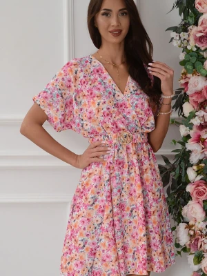 Sukienka kimono rozkloszowana w kwiatuszki róż-pomarańcz Gita Cocomoda.pl - odzież damska, sukienki, buty, dodatki