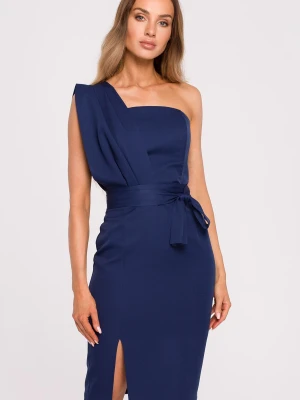 Sukienka koktajlowa na jedno ramię ołówkowa z rozcięciem granatowa Sukienki.shop