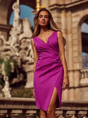 Solei2 purpurowa sukienka na szerokich ramiączkach elegancka PERFE