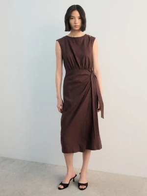 Sukienka kopertowa lniana czekoladowy - Kobieta - - MANGO