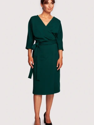 Sukienka kopertowa z wiązaniem dekolt V butelkowa zieleń BeWear