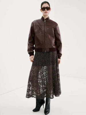 Sukienka koronkowa z półprzezroczystym rękawem brązowy - Kobieta - - MANGO