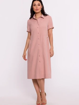 Sukienka koszulowa midi z kołnierzykiem różowa Be Wear