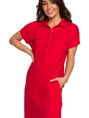 Sukienka koszulowa na lato szmizjerka z kołnierzykiem czerwona bawełna Be Active