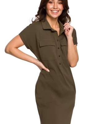 Sukienka koszulowa na lato szmizjerka z kołnierzykiem zielona bawełna Be Active