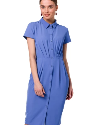 Sukienka koszulowa ołówkowa z kołnierzykiem krótki rękaw niebieska Stylove