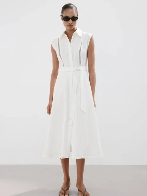 Sukienka koszulowa z lnu z wiązaniem kremowy / écru - Kobieta - - MANGO