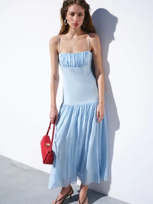 Sukienka lniana z marszczeniem błękitny - Kobieta - - MANGO