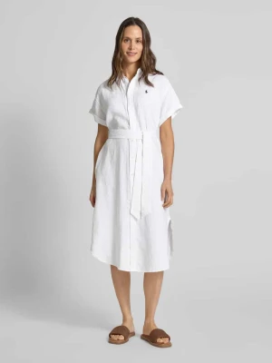 Sukienka lniana z wyhaftowanym logo Polo Ralph Lauren Biały