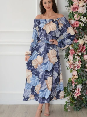 Sukienka maxi hiszpanka allover print granat-beż Tulis Cocomoda.pl - odzież damska, sukienki, buty, dodatki