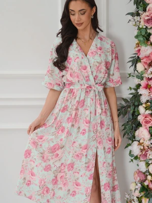 Sukienka midi a'la kimono w kwiaty mięta-róż Emsa Cocomoda.pl - odzież damska, sukienki, buty, dodatki
