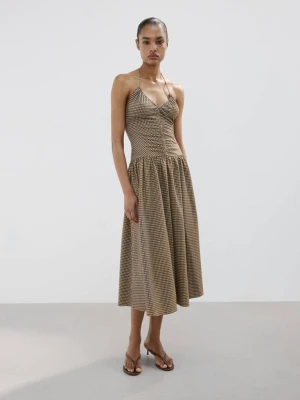 Sukienka midi w kratę z marszczeniem khaki - Kobieta - - MANGO