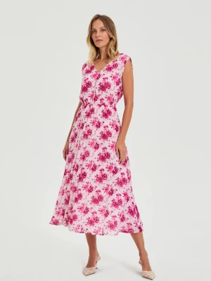 Sukienka midi w kwiaty różowa Moodo