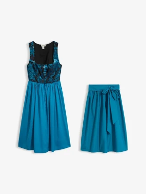 Sukienka midi w ludowym stylu z aksamitnym gorsetem (kompl. 2-cz.) BonPrix niebieski
