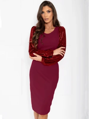 Sukienka midi z cekinowymi rękawami VALORIA - bordowa  magmac 