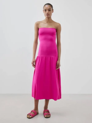 Sukienka midi z dekoltem bez ramiączek fuksja - Kobieta - - MANGO