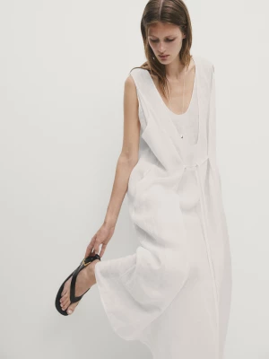 Sukienka Midi Z Dwuwarstwowym Efektem I Wiązaniem - Biały - - Massimo Dutti - Kobieta