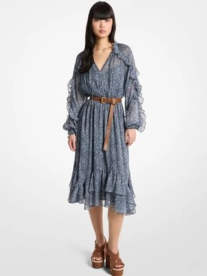 Sukienka midi z falbanami, metalicznym nadrukiem w kwiaty z żorżety MICHAEL Michael Kors