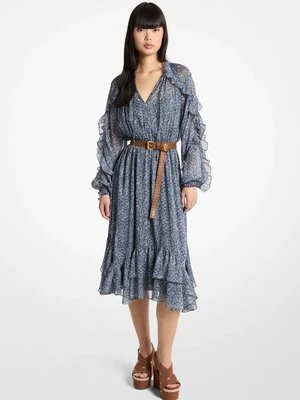 Sukienka midi z falbanami, metalicznym nadrukiem w kwiaty z żorżety MICHAEL Michael Kors