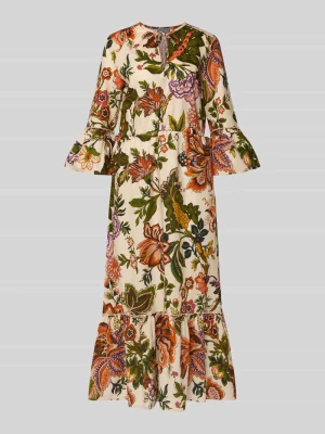 Sukienka midi z mieszanki lnu i bawełny w całościowym wzorze WHITE LABEL