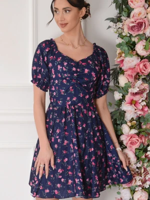 Sukienka mini rozkloszowana w róże granat Fausti Cocomoda.pl - odzież damska, sukienki, buty, dodatki