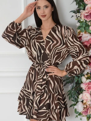 Sukienka mini z falbanami zebra czekolada-beż Estela Cocomoda.pl - odzież damska, sukienki, buty, dodatki