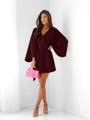 Sukienka mini z przekładanym dekoltem ALIA - bordowa  magmac 