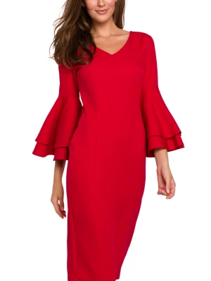 Sukienka na wesele elegancka midi z bufiastymi rękawami czerwona Sukienki.shop