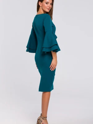 Sukienka na wesele elegancka midi z bufiastymi rękawami pudrowy róż Makover