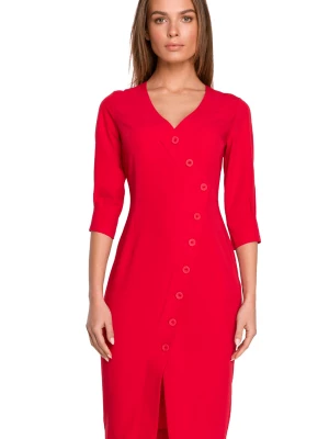 Sukienka ołówkowa kopertowa z dekoltem V i ozdobnymi guzikami czerwona Sukienki.shop