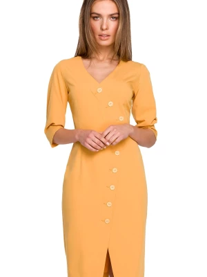 Sukienka ołówkowa kopertowa z dekoltem V i ozdobnymi guzikami żółta Sukienki.shop