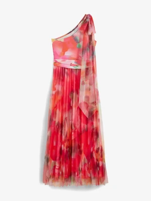 Sukienka one-shoulder z plisowaną częścią spódnicową z tiulu BonPrix różowy