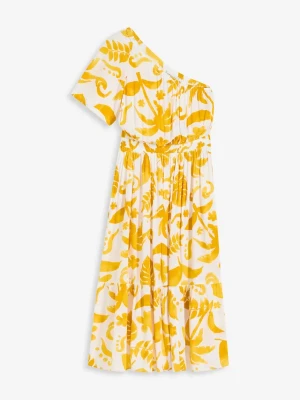 Sukienka one-shoulder ze strukturalnej wiskozy z nadrukiem BonPrix biały