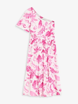 Sukienka one-shoulder ze strukturalnej wiskozy z nadrukiem BonPrix biały