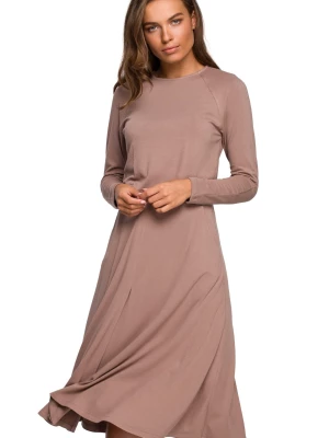 Sukienka rozkloszowana klasyczna z gumą w pasie beżowa wiskoza Stylove