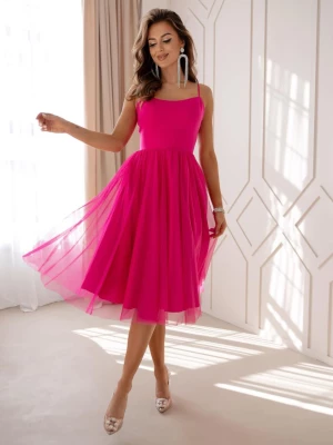 Sukienka różowa fuksjowa rozkloszowana z tiulowym dołem midi na wesele Niki PERFE