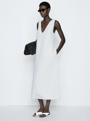 Sukienka Średniej Długości 100% Len - Studio - Jasnoniebieski - Massimo Dutti - Female