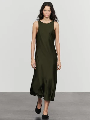 Sukienka Średniej Długości Satynowy - Khaki - Massimo Dutti - Female