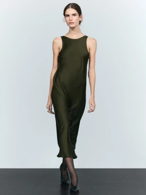 Sukienka Średniej Długości Satynowy - Khaki - Massimo Dutti - Female