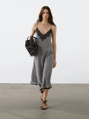 Sukienka Średniej Długości W Kratkę Vichy Z Koronką - Czarny - - Massimo Dutti - Kobieta