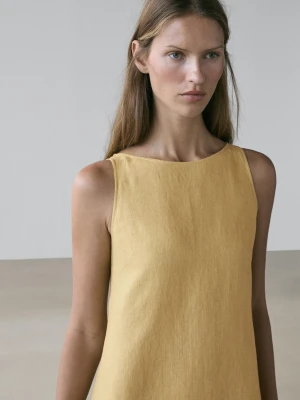 Sukienka Średniej Długości Z Dekoltem Halter Z Lnu - Limonka - - Massimo Dutti - Kobieta