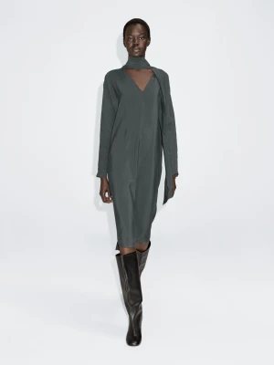 Sukienka Średniej Długości Z Dekoltem W Serek I Wiązaniem - Szaroniebieski - - Massimo Dutti - Kobieta