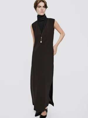 Sukienka Średniej Długości Z Dekoltem W Serek - Limited Edition - Brązowy - 34 (Xs) - Massimo Dutti - Female