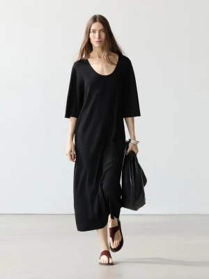 Sukienka Średniej Długości Z Detalami Na Rękawach - Czarny - - Massimo Dutti - Kobieta