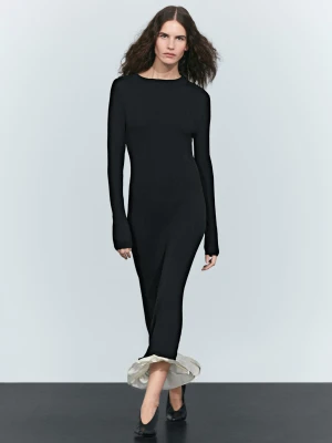 Sukienka Średniej Długości Z Długim Rękawem, Kontrastowym Detalem I Eva - Czarny - Massimo Dutti - Female