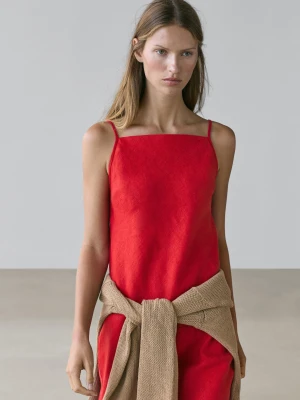 Sukienka Średniej Długości Z Lnu Z Dekoltem Prostym - Czerwony - - Massimo Dutti - Kobieta